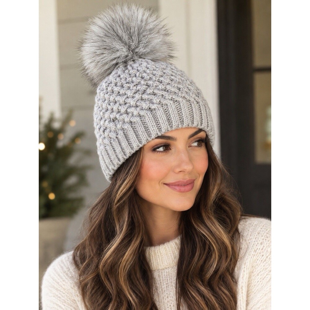 Kyi Kyi Women's Knitted Hat Beanie with Faux Fur Pom Heather Gray One Size